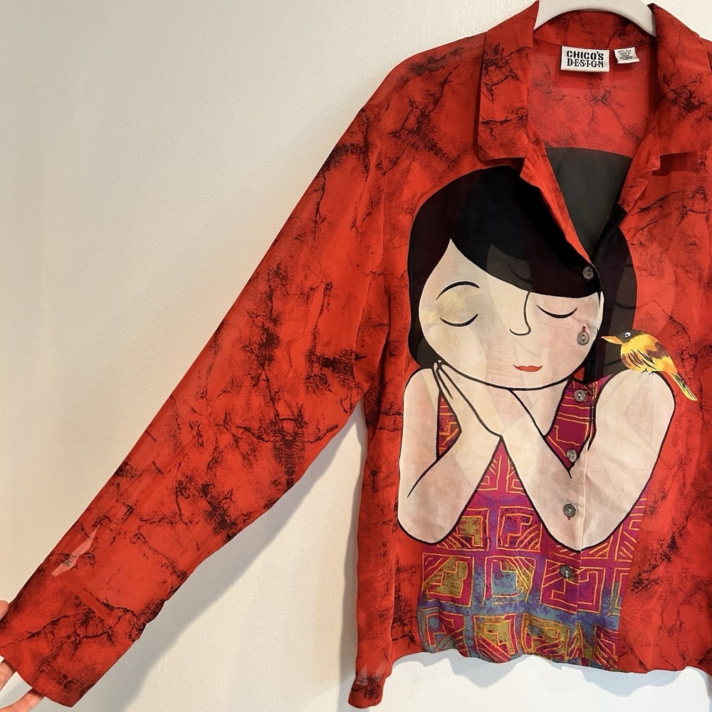 Vintage CHICOS 2 Large 100% Sheer Silk Red Blouse Asian Lady & Bird ART TO WEAR - Picture 4 of 10